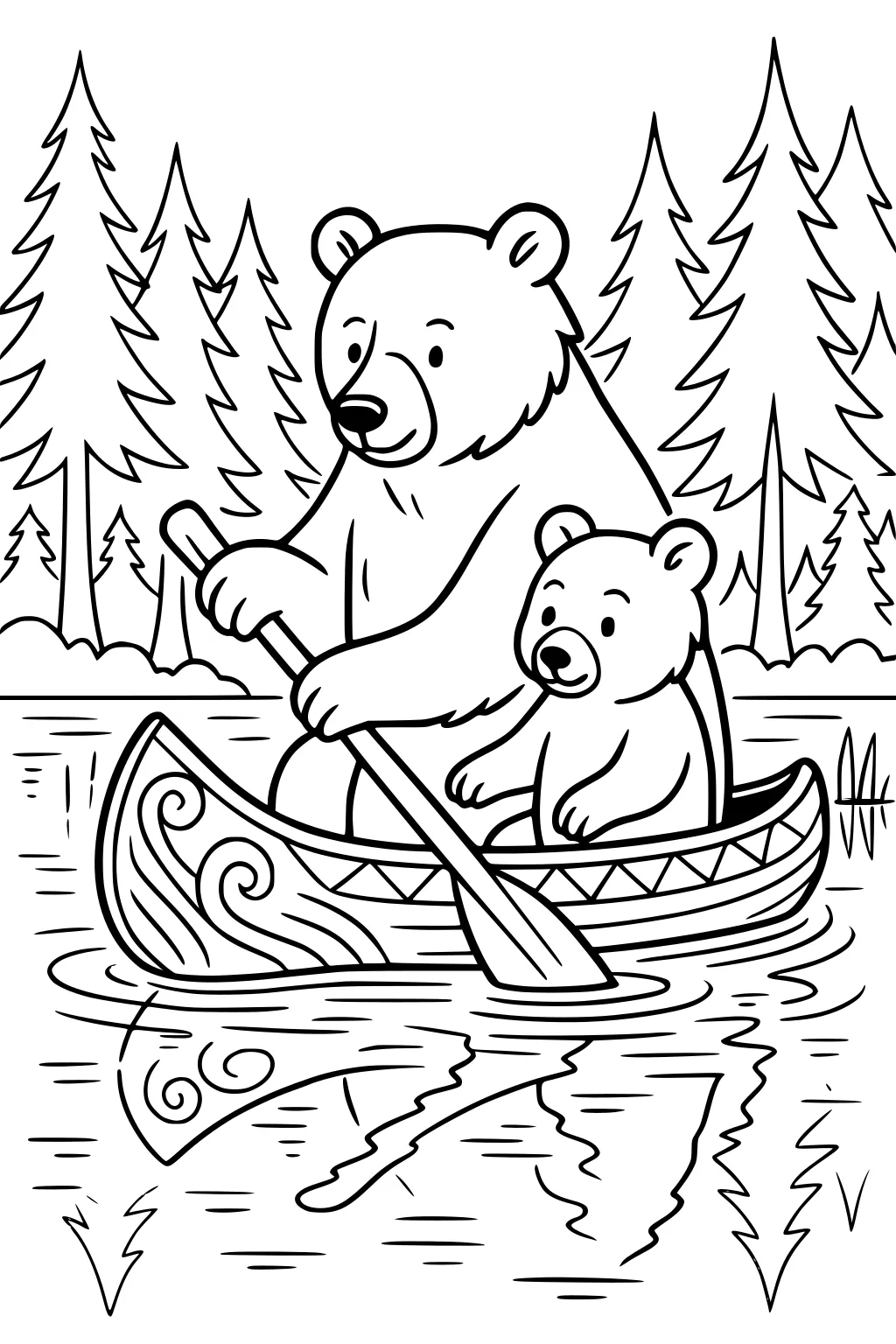 Bear and cub in patterned canoe paddling on a lake with pine trees in the background.