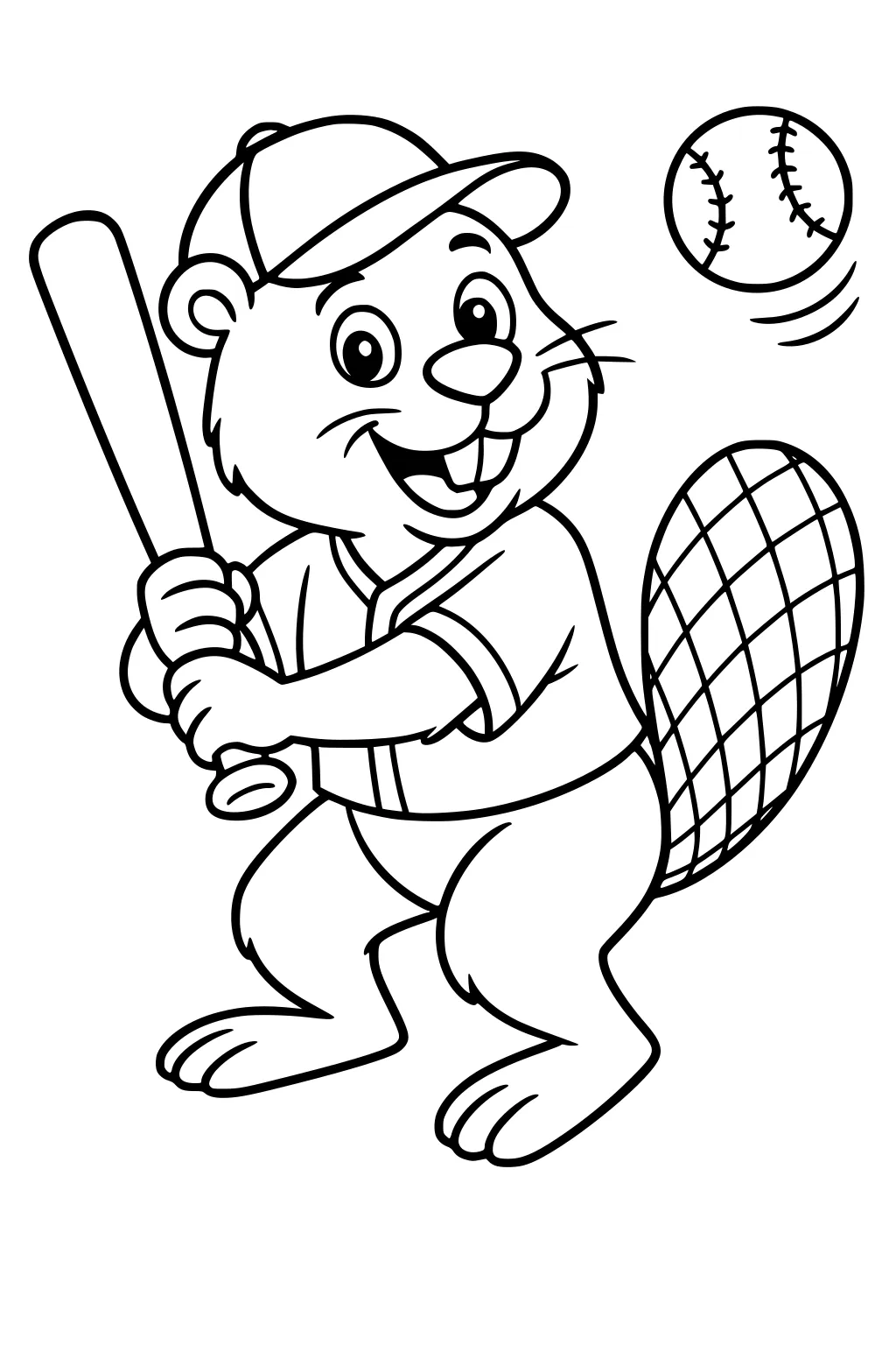 Beaver in baseball cap and jersey holding bat, smiling, with ball and netted tail