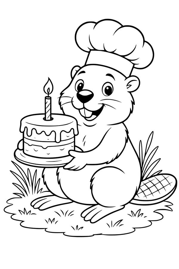 Free Beaver Coloring Page - Chef Beaver With Birthday Cake (Printable PDF)