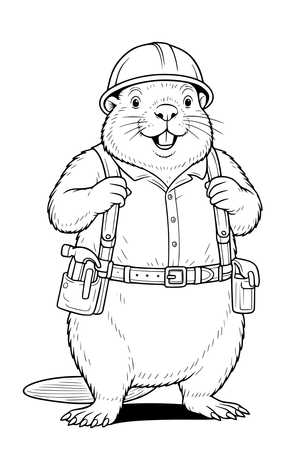 Beaver standing on two legs, wearing a construction helmet and tool belt with visible tools.