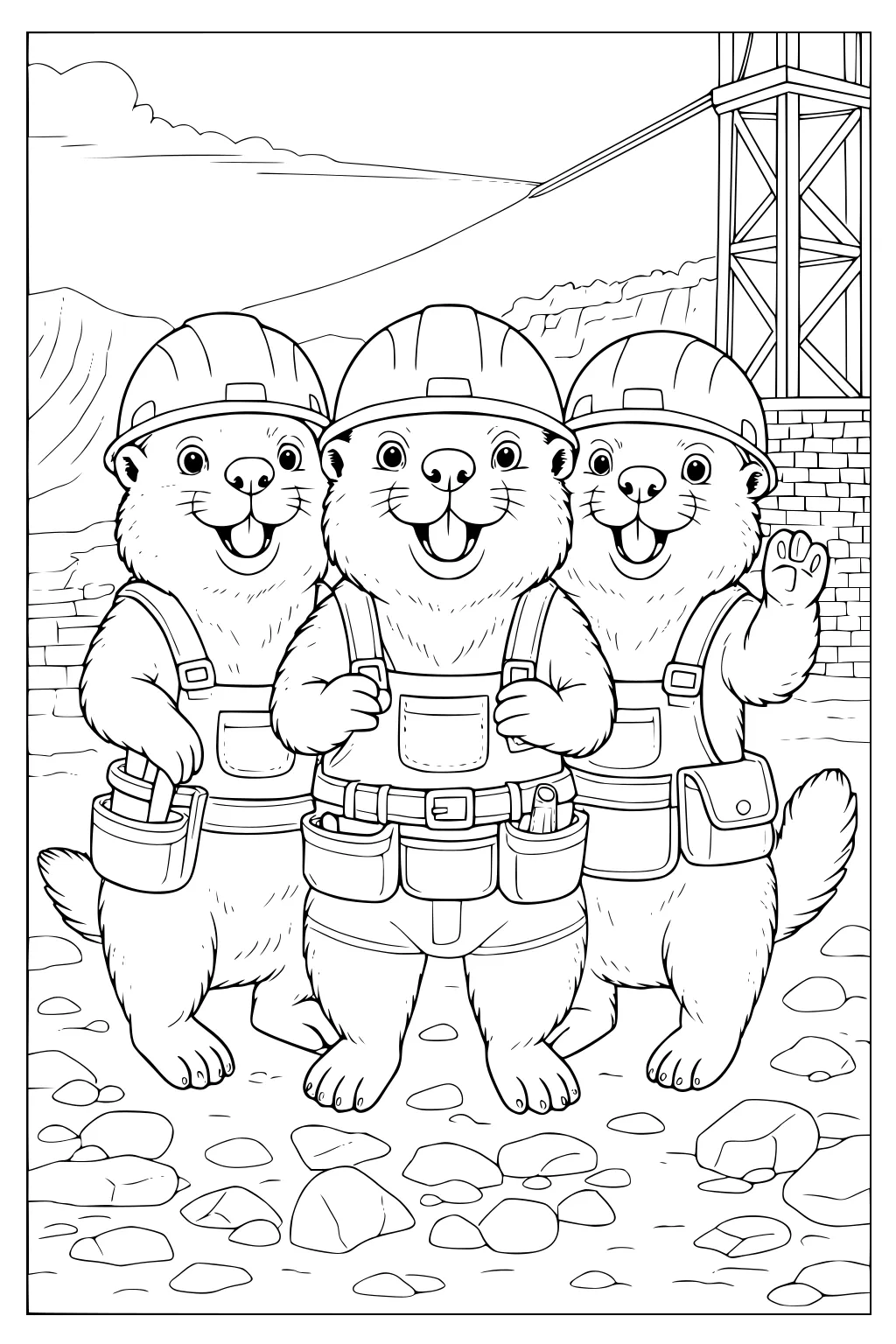 Three beavers in hard hats and tool belts standing on stones with a bridge and hills behind them.