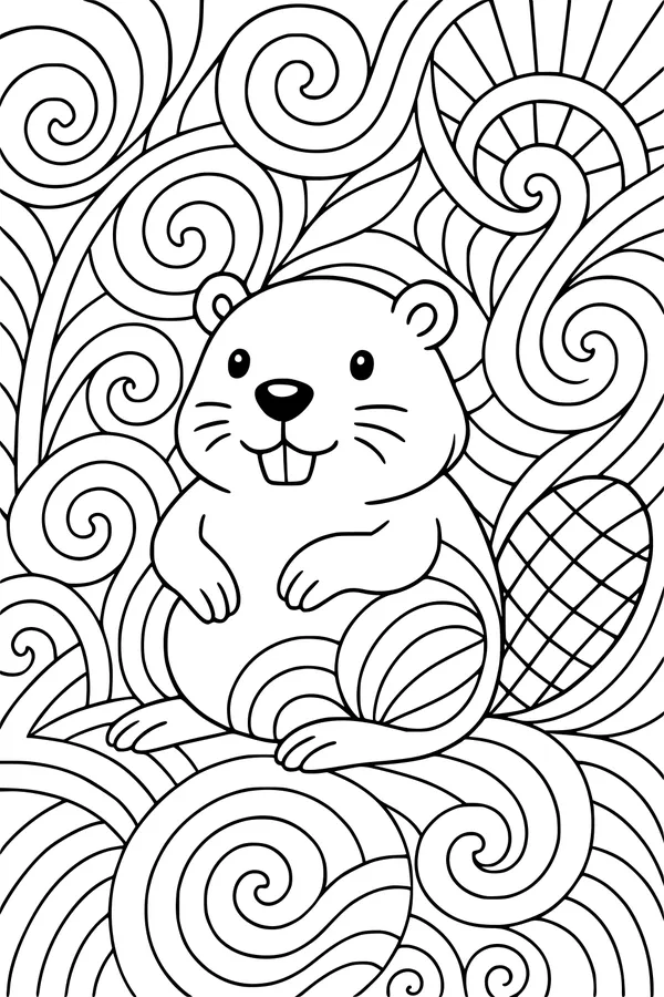 Free Beaver Coloring Page - Cartoon Benny with Swirly Patterns (Printable PDF)