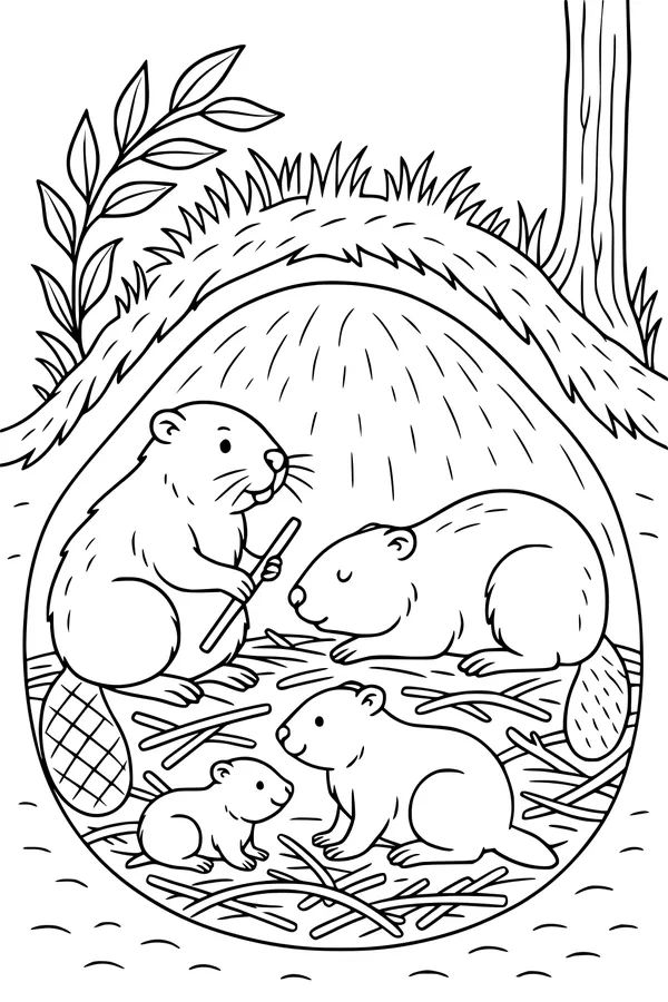 Free Beaver Coloring Page - Cozy Beaver Family in Lodge (Printable PDF)