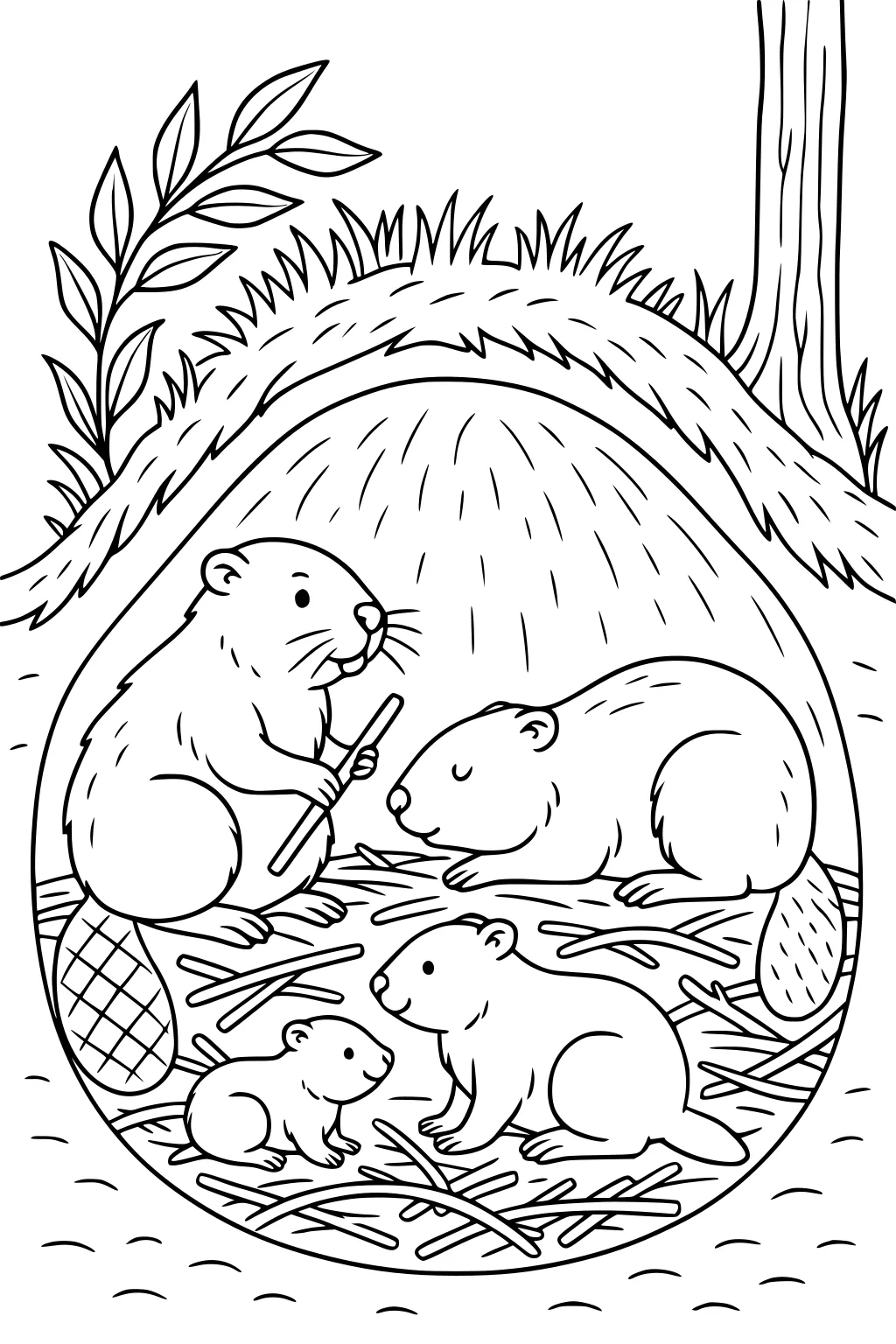 Family of four beavers inside a dome-shaped lodge, sitting on sticks with a tree and leafy plants outside.