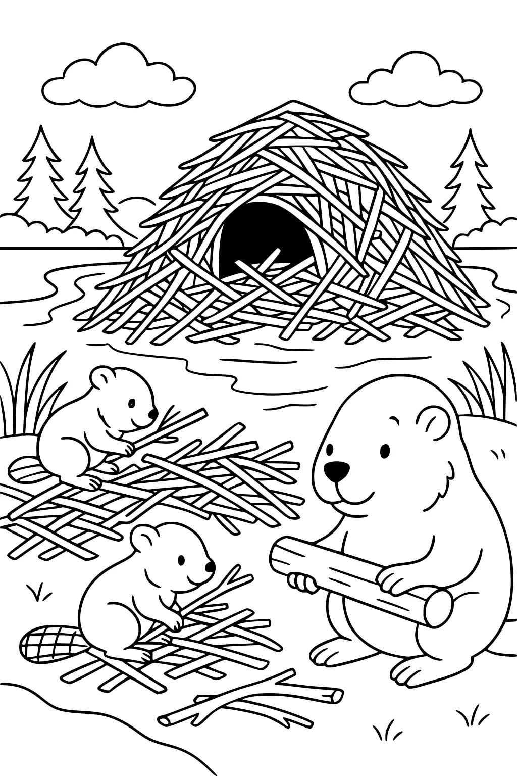Mother beaver holds a log while two kits pile sticks near their beaver lodge beside a river, with trees and clouds in the background.
