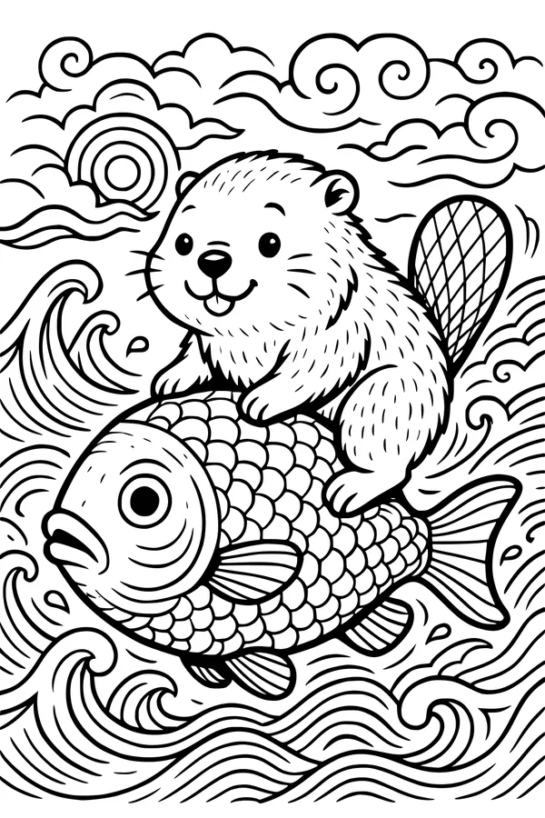 Free Beaver Coloring Page - Happy Beaver Riding Giant Fish (Printable PDF)