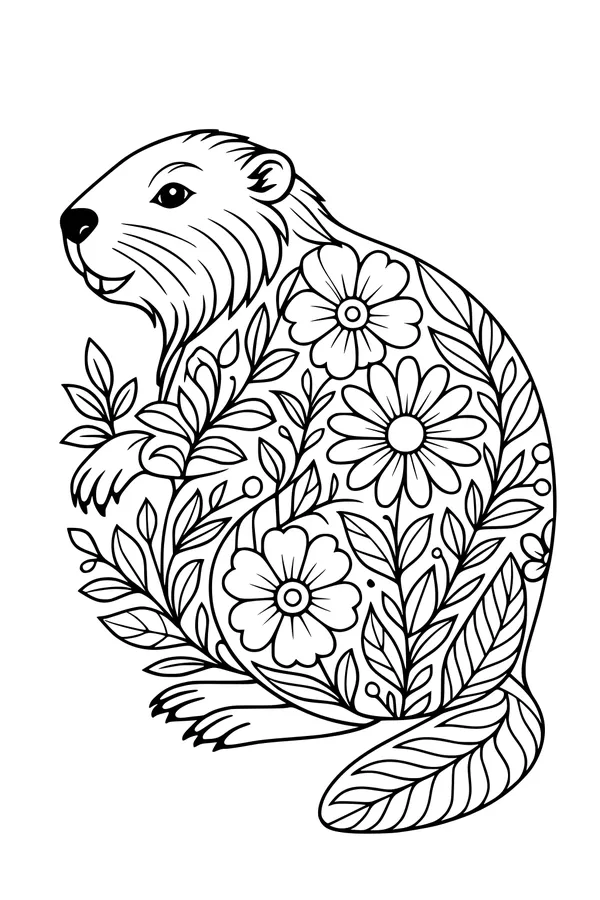 Free Beaver Coloring Page - Smiling Flower Garden Friend (Printable PDF)