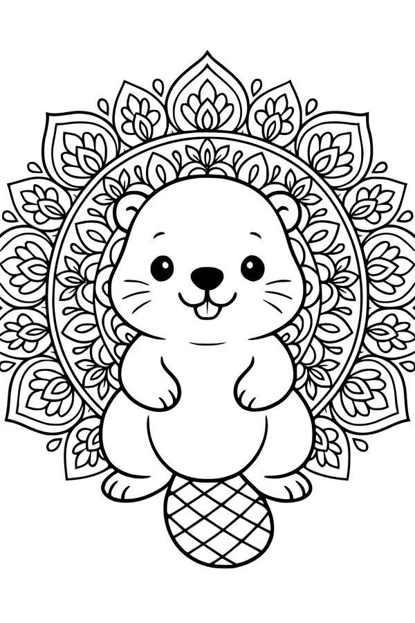 Free Beaver Coloring Page - Cute Cartoon Beaver With Floral Mandala (Printable PDF)