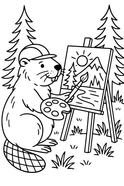 Free Beaver Coloring Page - Artistic Beaver Painting a Forest Landscape (Printable PDF)