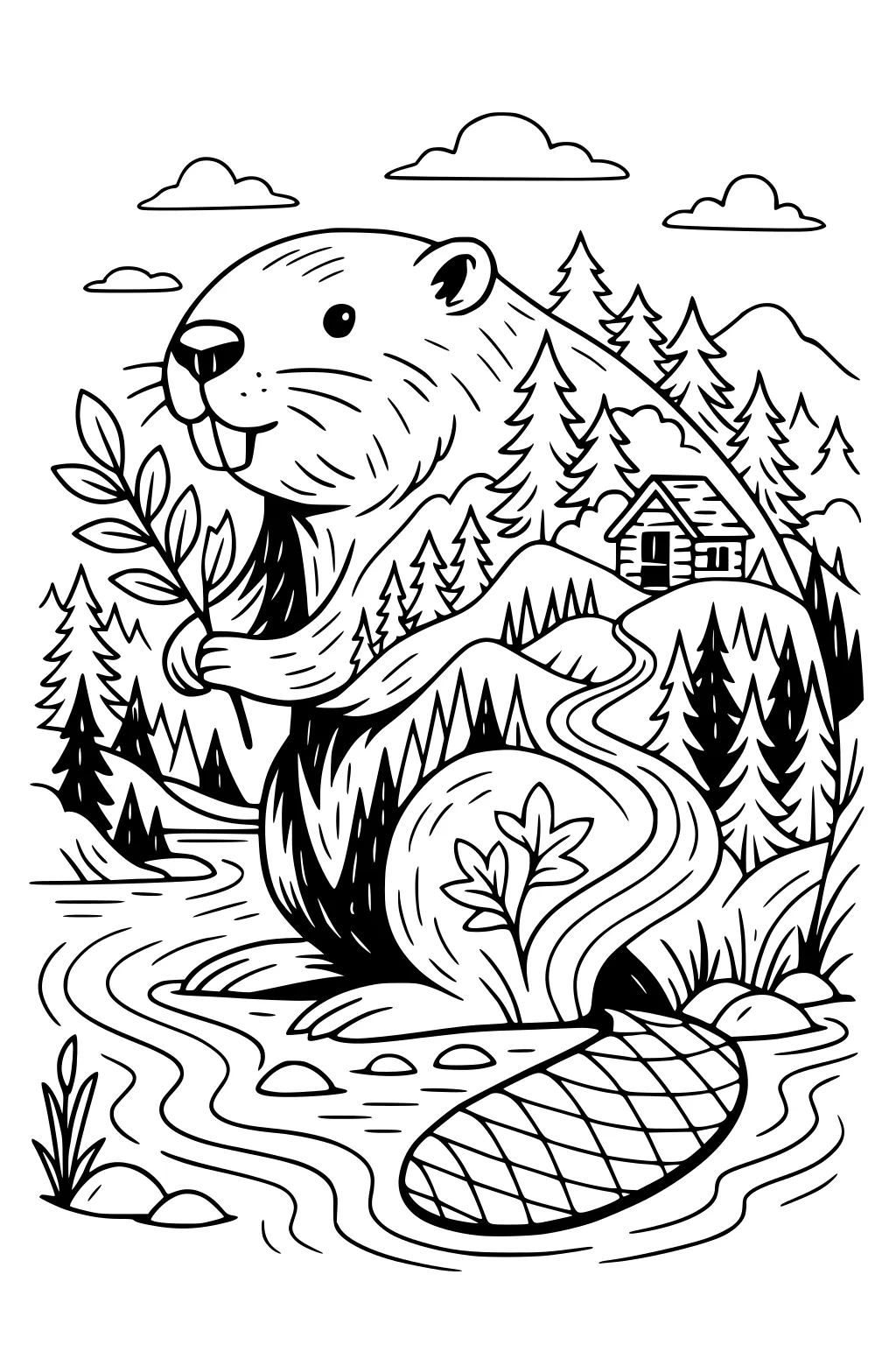 Beaver holding branch near river, with pine trees, a log cabin, steamy hills, clouds, and rocks in the background.
