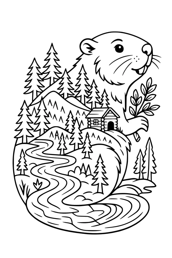 Free Beaver Coloring Page - Cheerful Forest Cabin Adventure (Printable PDF)