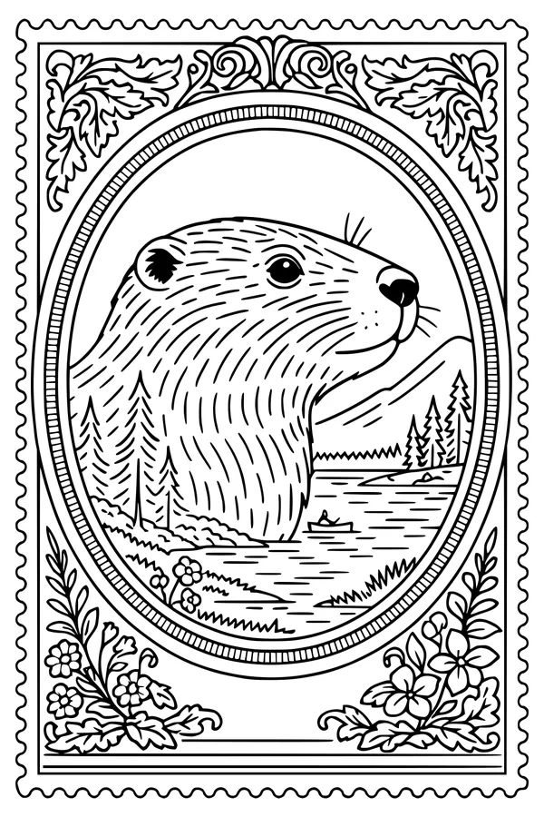 Free Beaver Coloring Page - Framed Riverbank Portrait (Printable PDF)