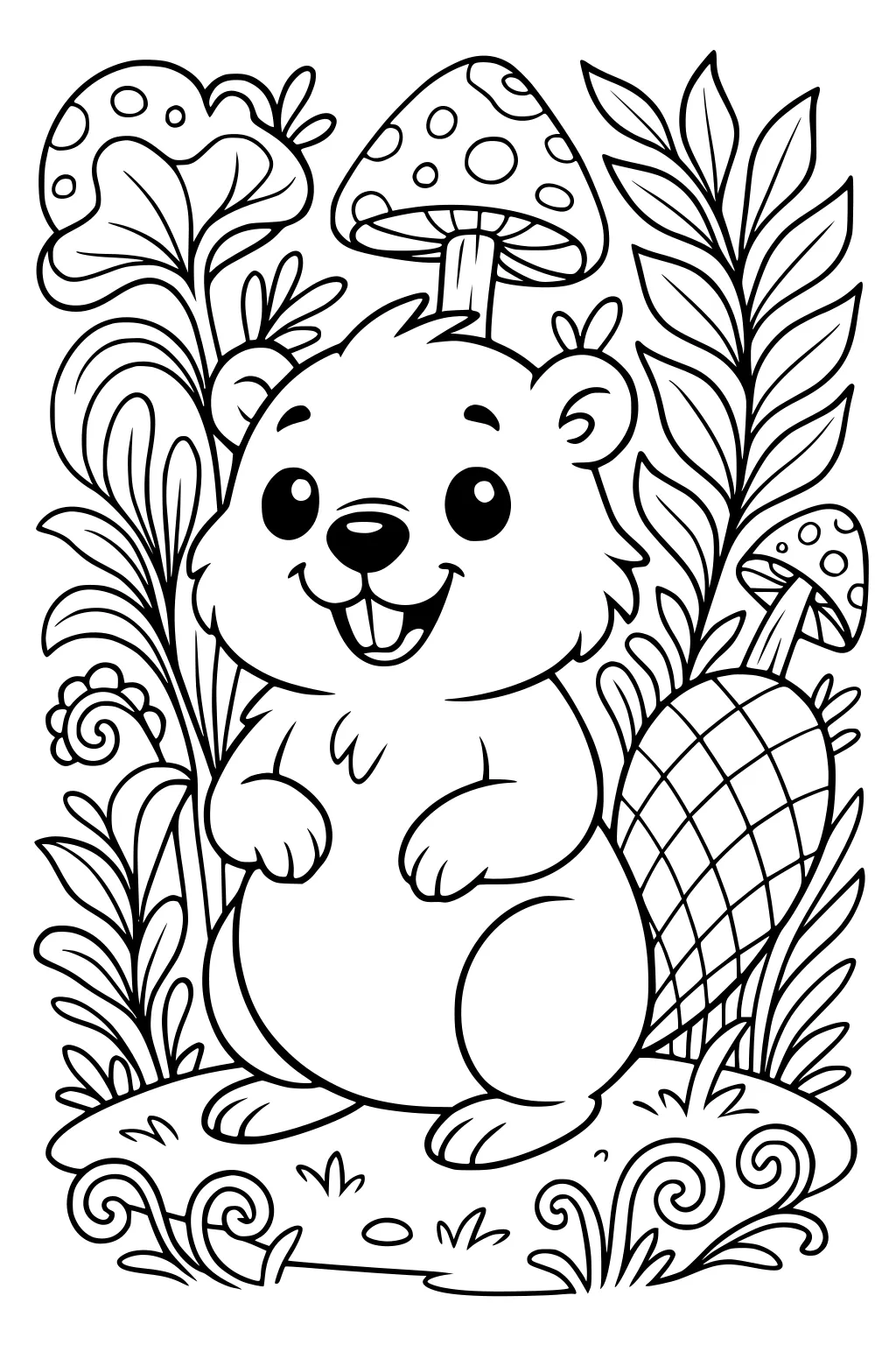 Smiling beaver with big tail sitting among spotted mushrooms and leafy plants.