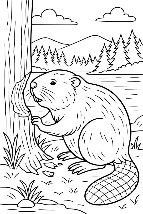 Free Beaver Coloring Page - Busy Riverbank Tree Chewing Scene (Printable PDF)