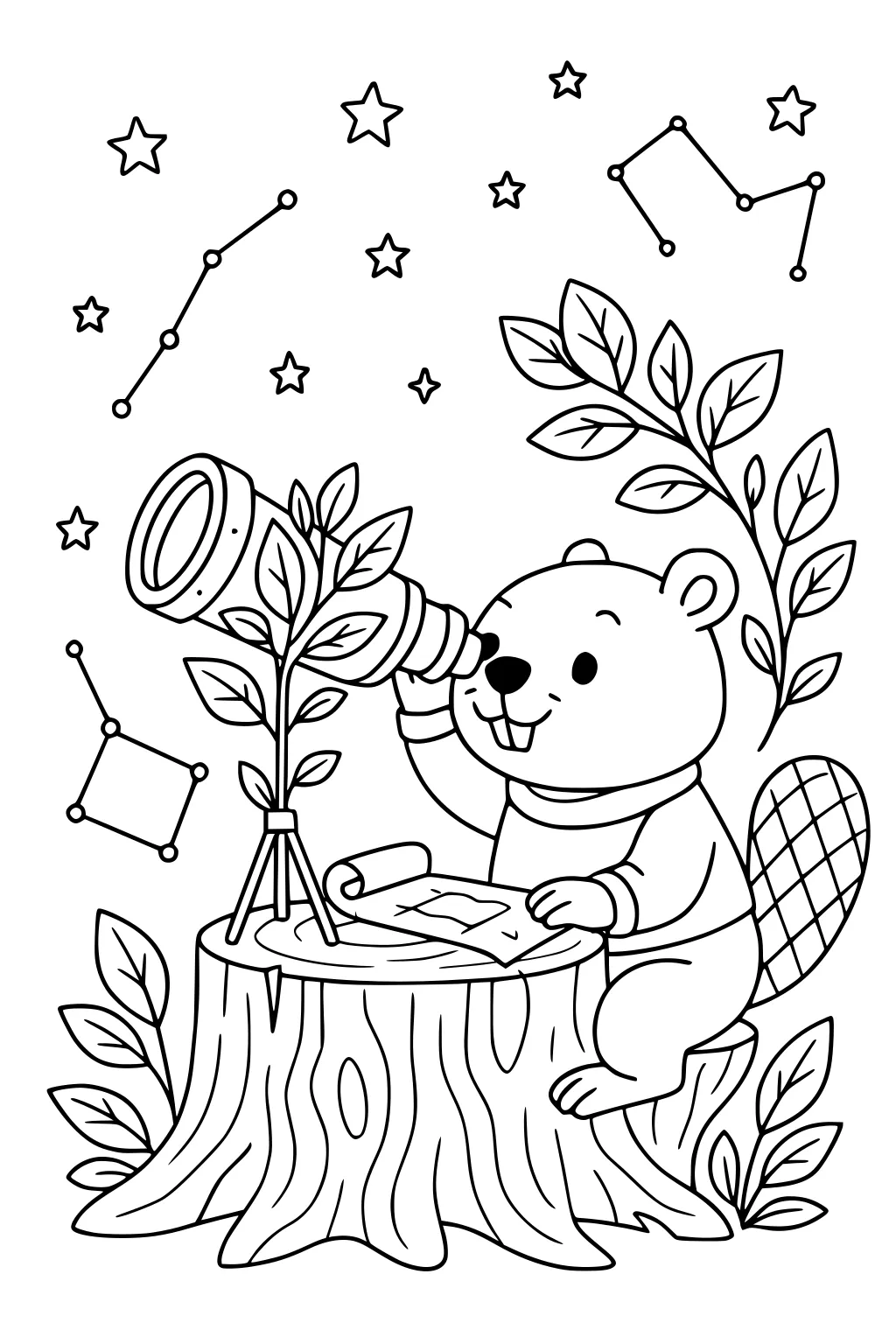 Beaver uses telescope on stump with star map, leafy plants, stars, and constellations in the night sky.