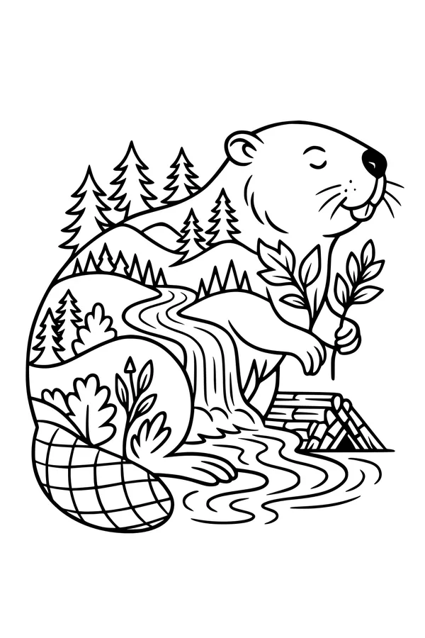 Free Beaver Coloring Page - Forest River Dam Scene (Printable PDF)