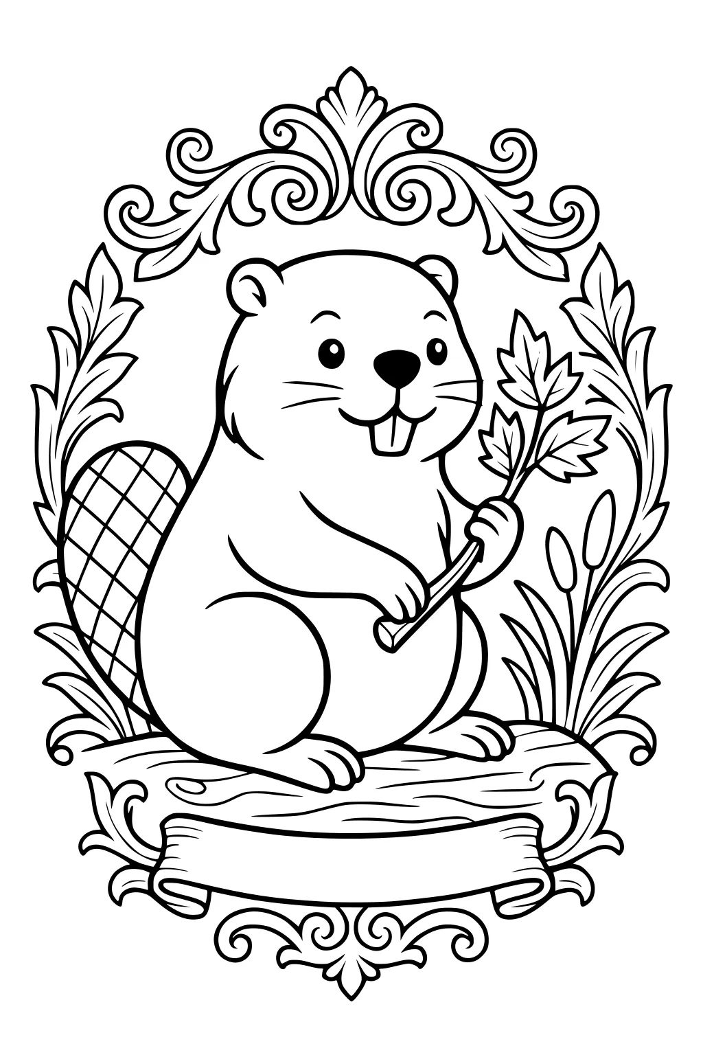 Cartoon beaver on a log holding a maple branch, framed by swirly leaves and cattails.