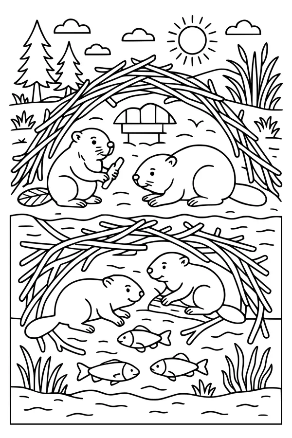 Free Beaver Coloring Page - Busy Beavers At Their Cozy Lodge (Printable PDF)