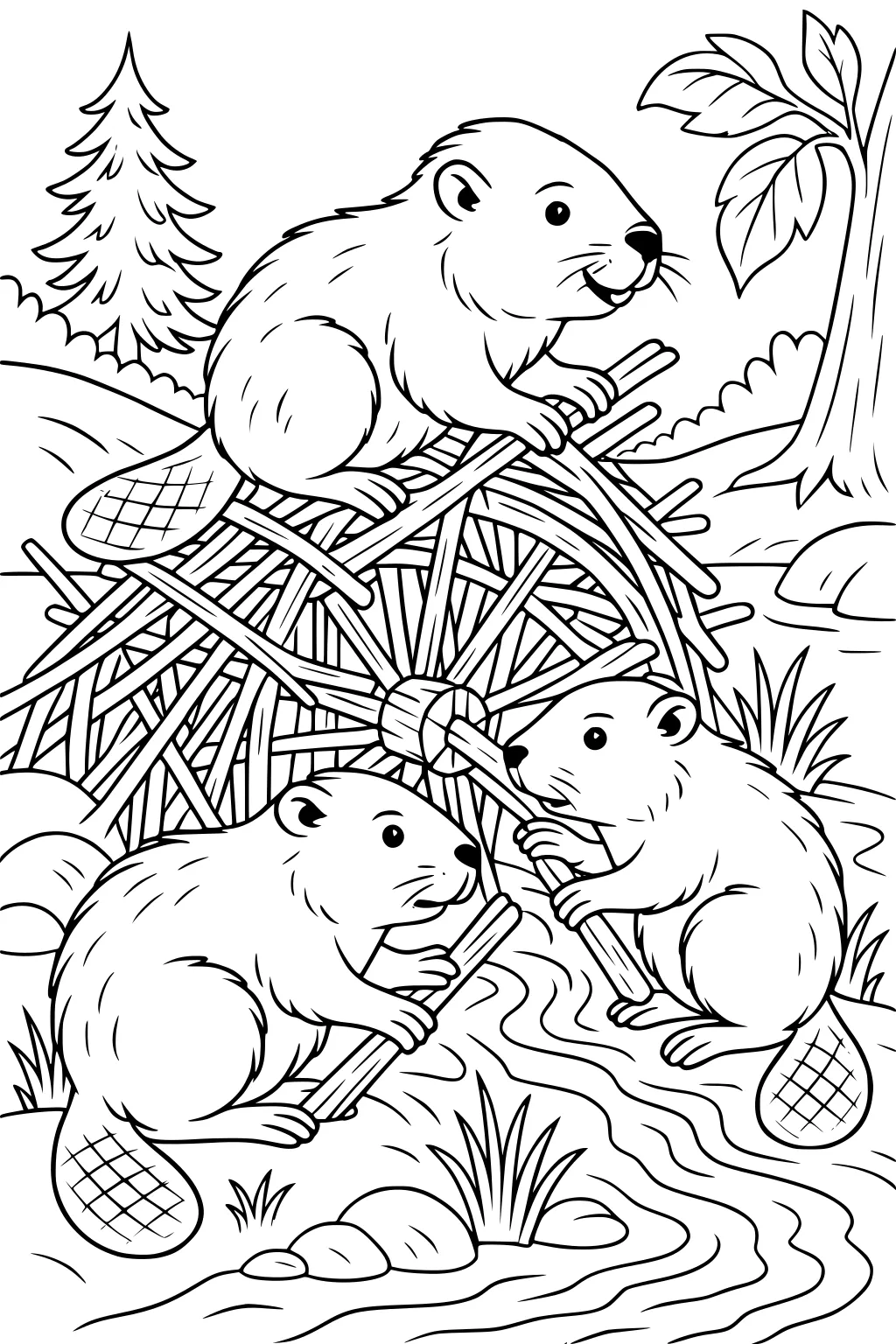 Three beavers build a stick dam beside a stream, with trees and grass in the background.