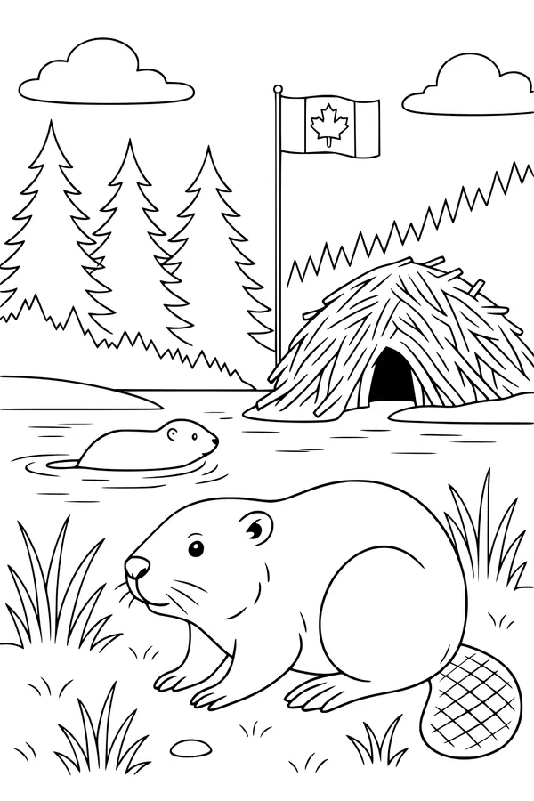 Free Beaver Coloring Page - Busy Beavers by a Canadian Pond (Printable PDF)