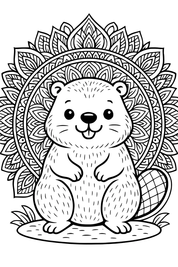 Free Beaver Coloring Page - Cute Cartoon Beaver With Leafy Mandala Background (Printable PDF)