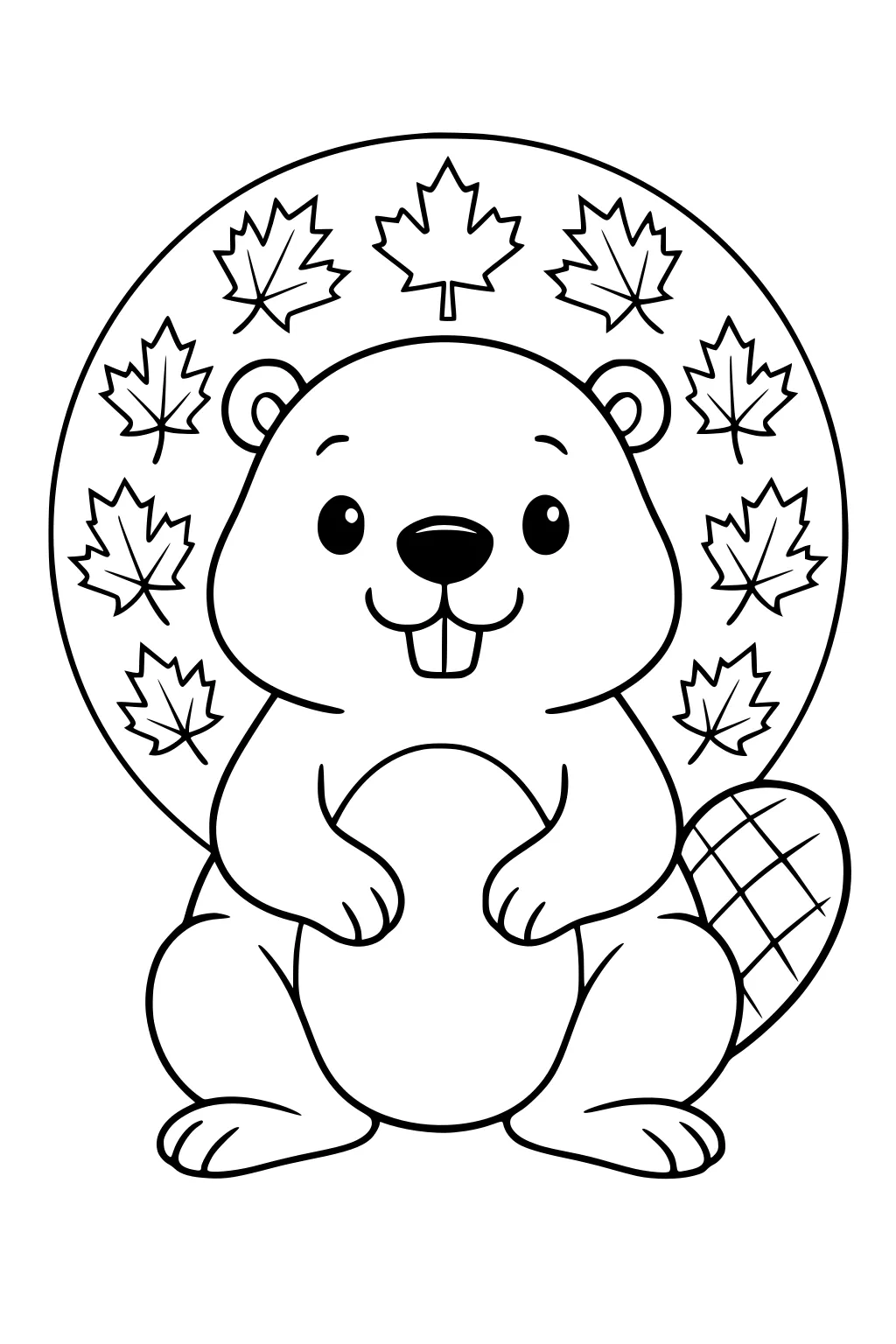Cartoon beaver holding a log with maple leaves in a circle behind its head, smiling with large front teeth showing.