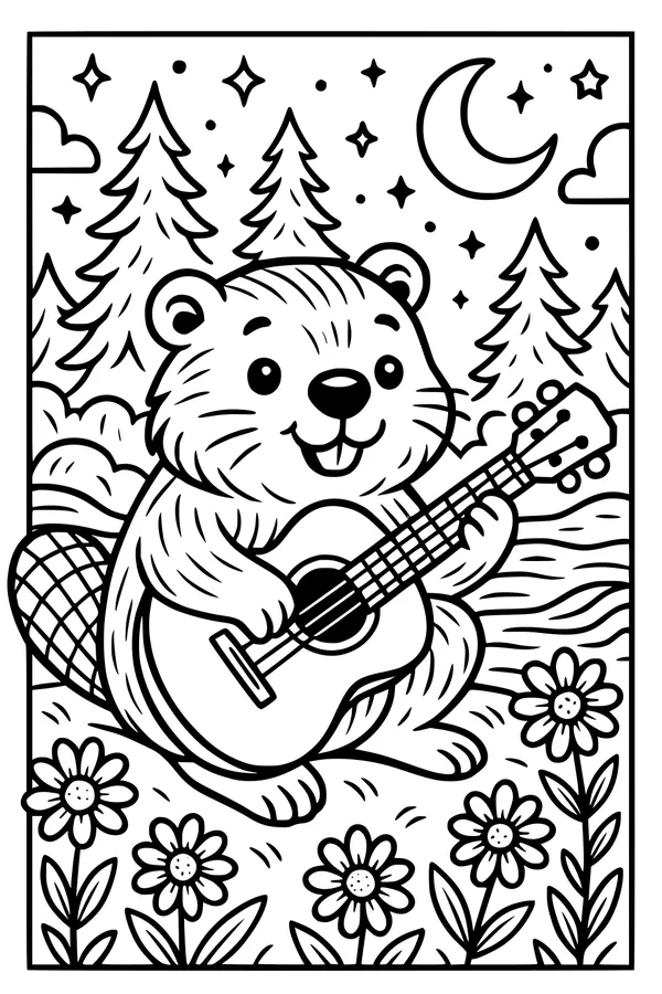 Free Beaver Coloring Page - Musical Night by the Riverbank (Printable PDF)