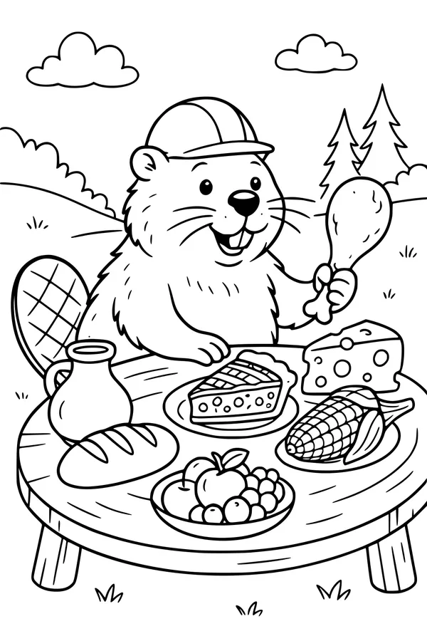 Free Beaver Coloring Page - Picnic Feast Outdoors (Printable PDF)