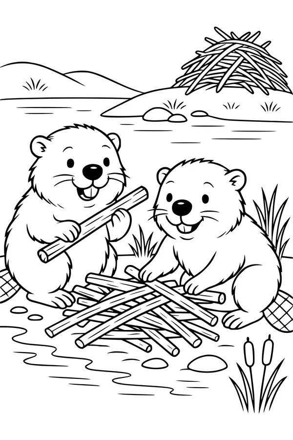 Free Beaver Coloring Page - Busy Beavers Building a Stick Pile (Printable PDF)