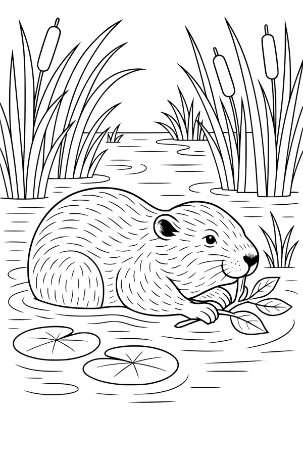 Free Beaver Coloring Page - Snack Time in the Lily Pond (Printable PDF)