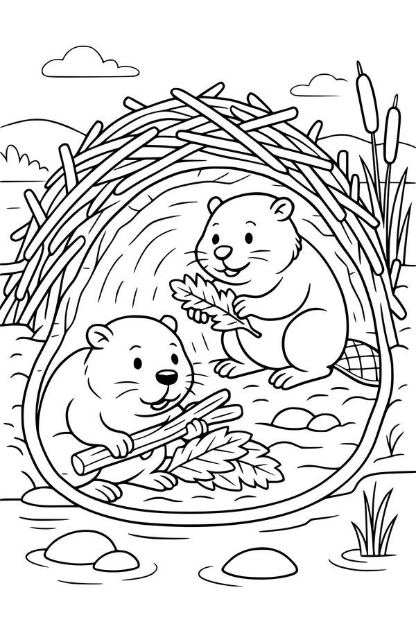 Free Beaver Coloring Page - Busy Beavers in a Cozy Lodge (Printable PDF)