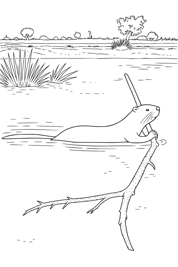 Free Beaver Coloring Page - Swimming With a Big Branch (Printable PDF)