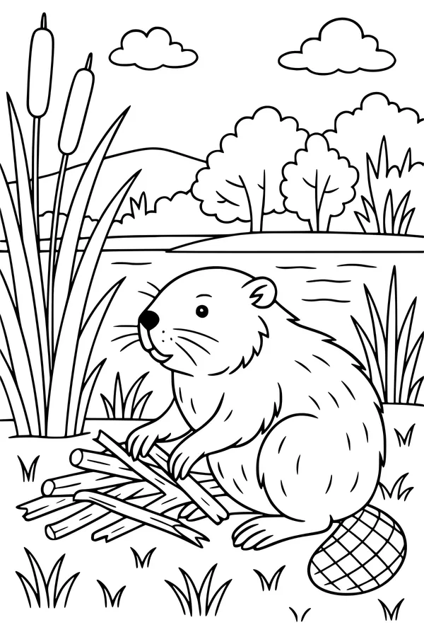 Free Beaver Coloring Page - Busy Beaver by the River (Printable PDF)
