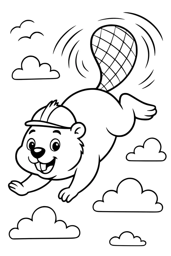 Free Beaver Coloring Page - Smiling Beaver Flying Through Clouds (Printable PDF)