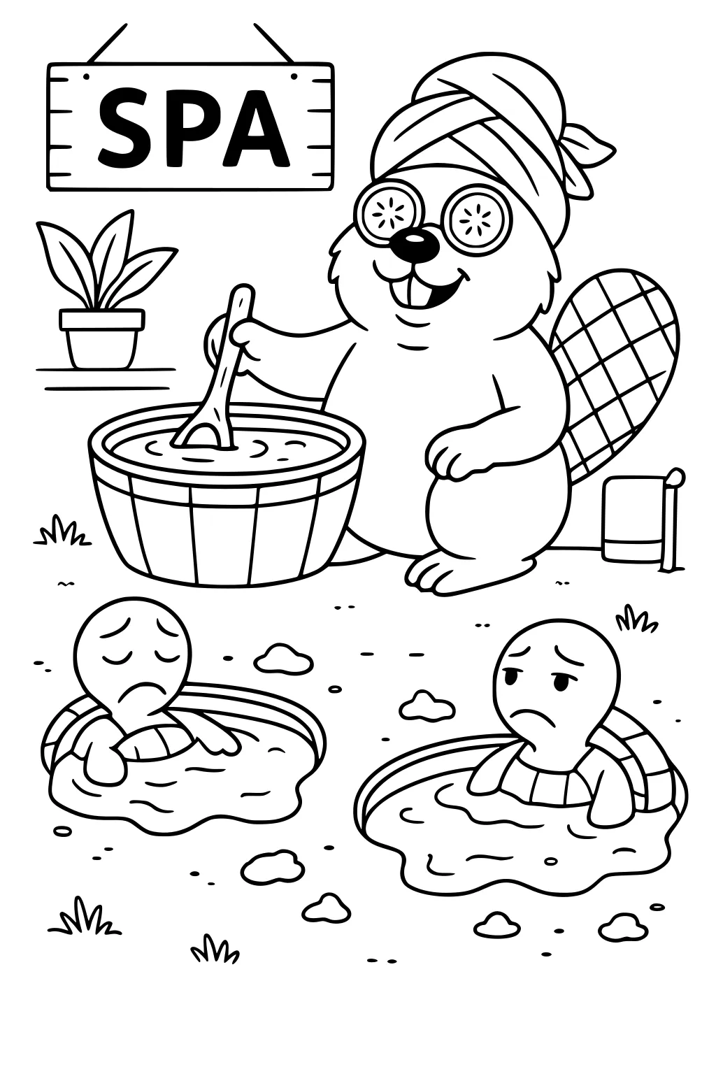 Beaver wearing towel and cucumbers, stirring spa tub; two sad turtles in muddy ponds nearby.