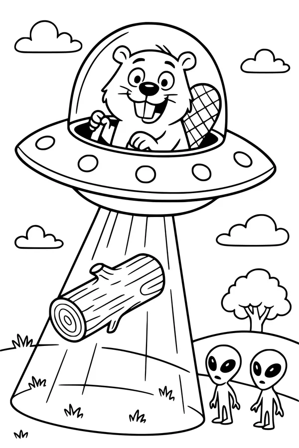 Free Beaver Coloring Page - Space Beaver Piloting UFO (Printable PDF)