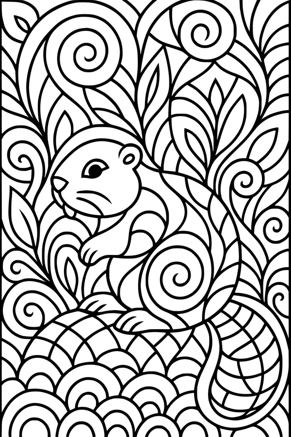 Free Beaver Coloring Page - Swirly Forest Home Scene (Printable PDF)