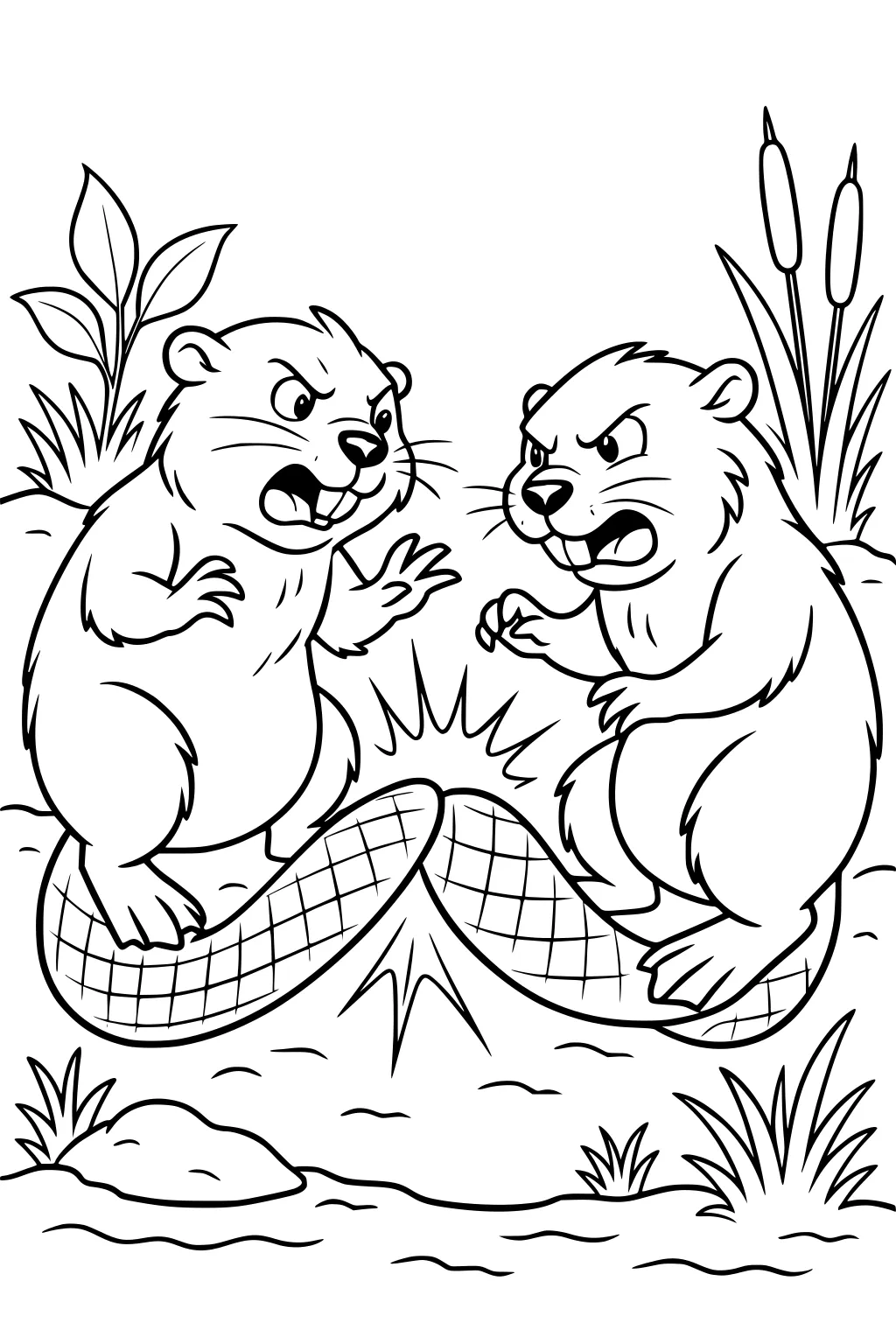 Two beavers with angry faces slap their tails together. Water plants and ripples surround them on a riverbank.