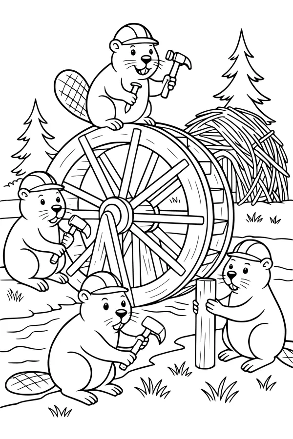 Free Beaver Coloring Page - Busy Beavers Building a River Waterwheel (Printable PDF)
