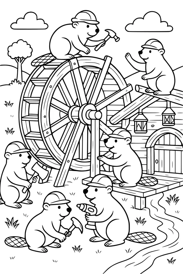 Free Beaver Coloring Page - Busy Builders by the Waterwheel (Printable PDF)