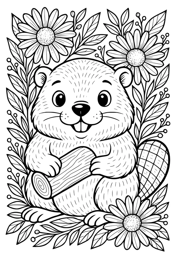Free Beaver Coloring Page - Happy Beaver With Daisies (Printable PDF)