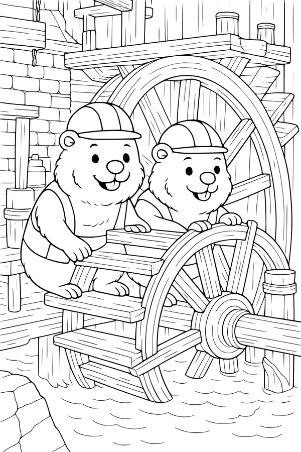 Free Beaver Coloring Page - Busy Builders by the Water Wheel (Printable PDF)