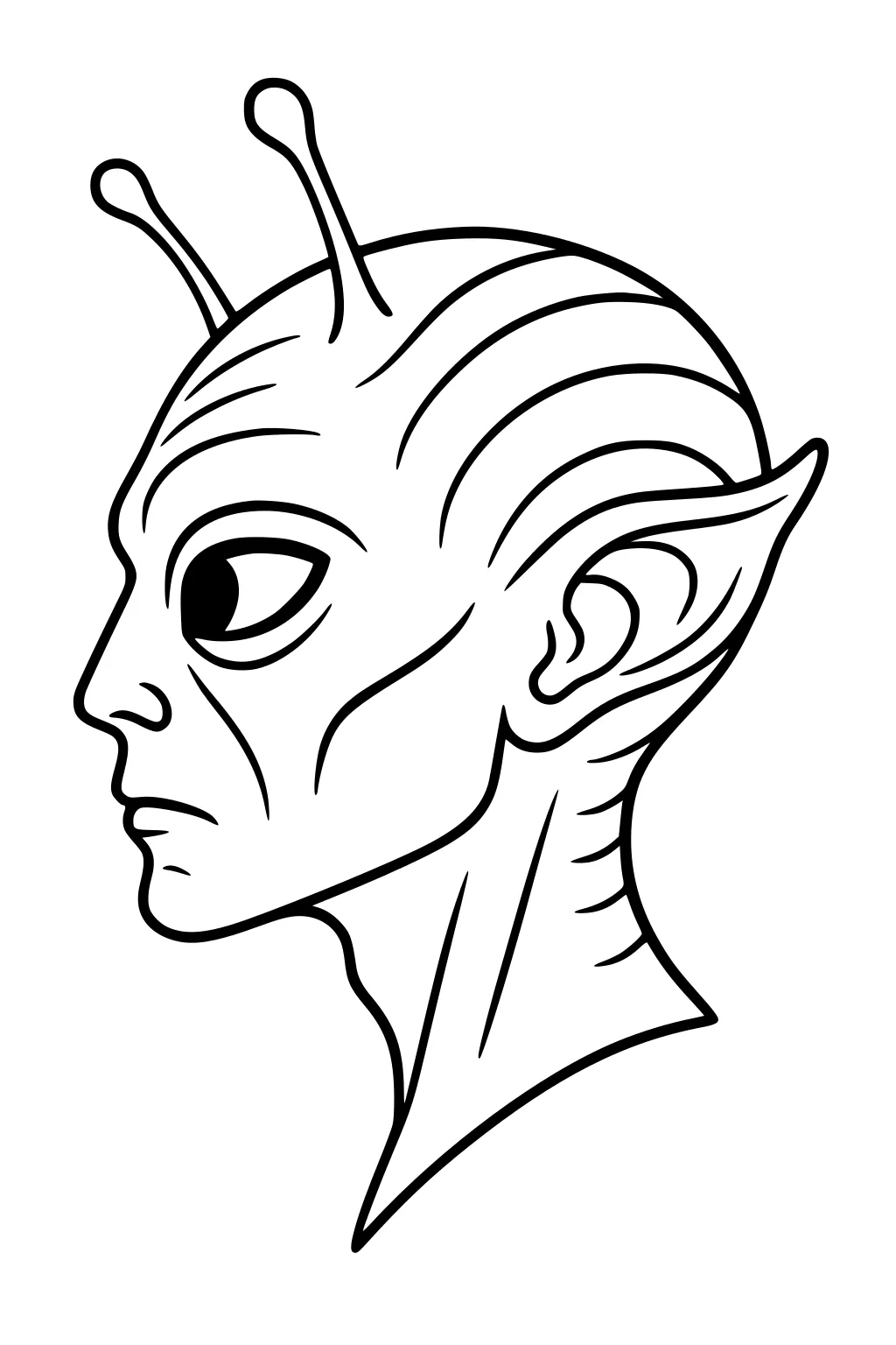 Side profile alien with two antennae, large dark eye, pointed ear, and long neck lines in bold black outline on white.