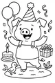 Free Pig Birthday Party Coloring Page - Piglet With Balloons And Cake (Printable PDF)