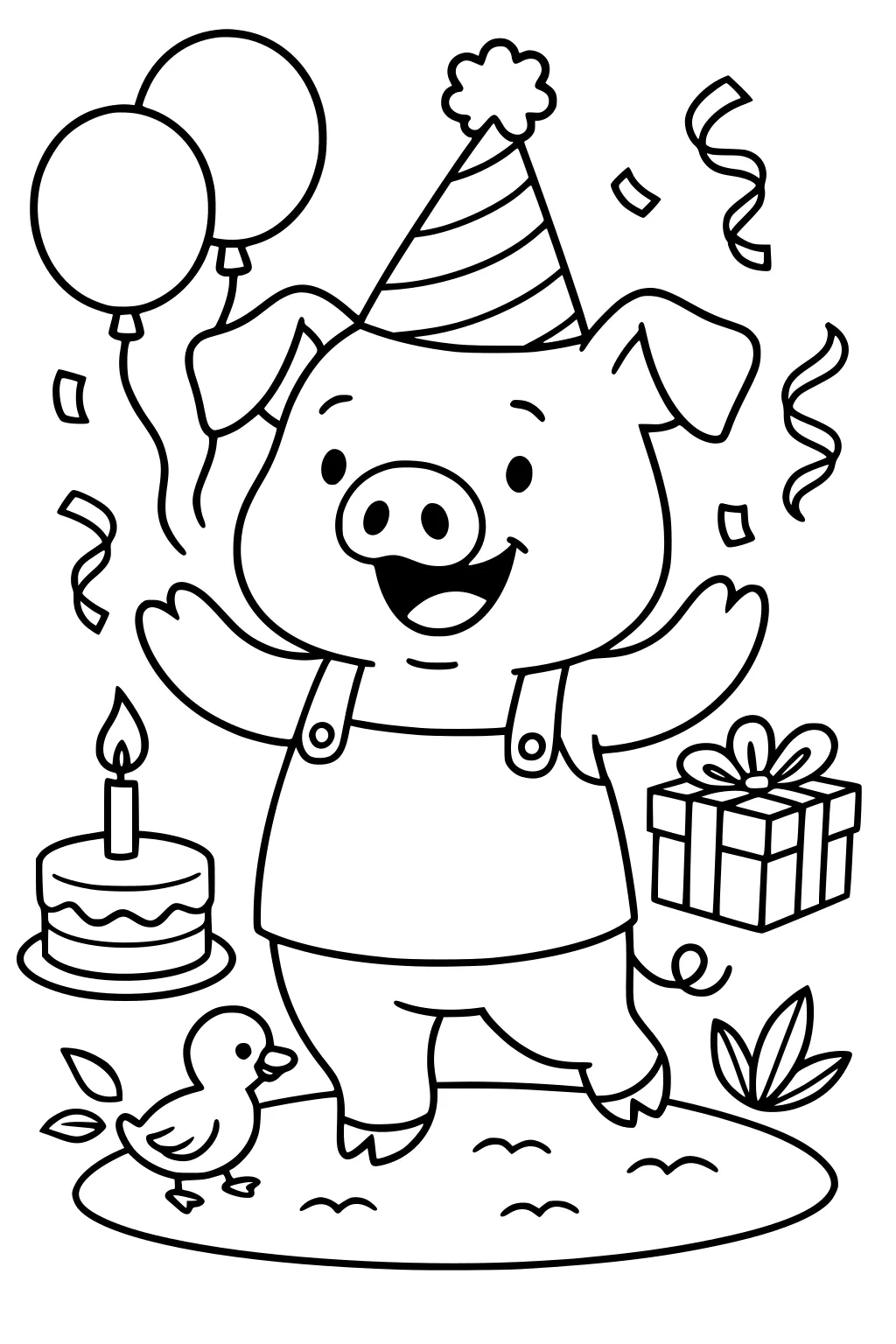 A pig in overalls with a party hat, cake, gift, balloons, confetti, and a duckling on a patch of grass.