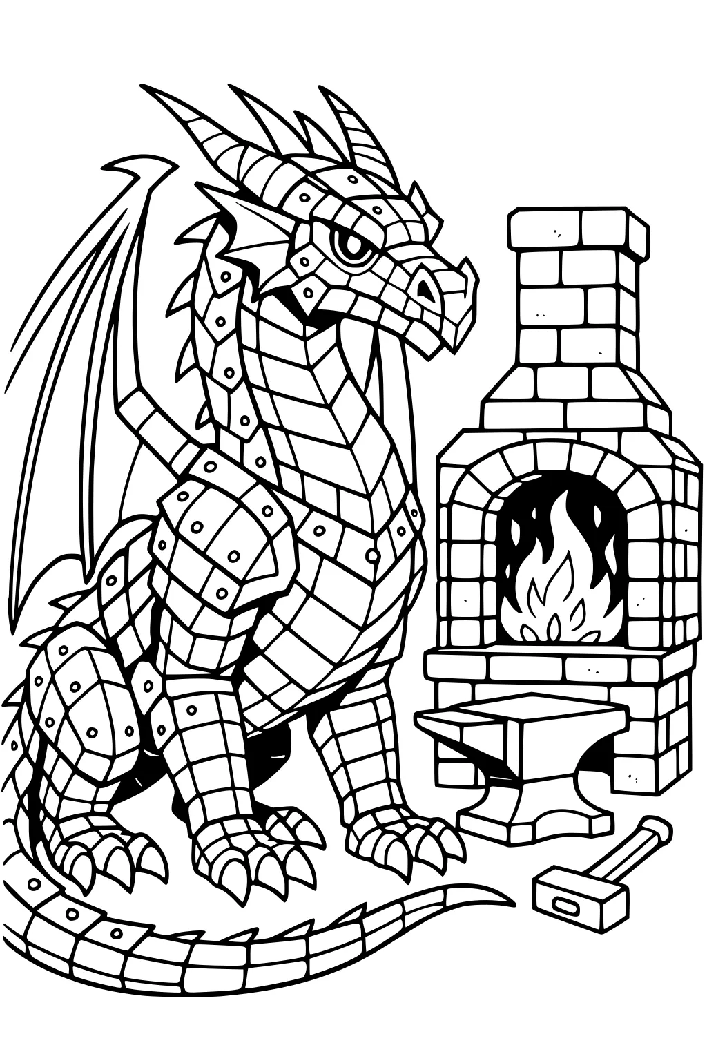 Armored dragon by a brick forge with flames, an anvil shelf, and a hammer on the floor; detailed wings, scales, and rivets.