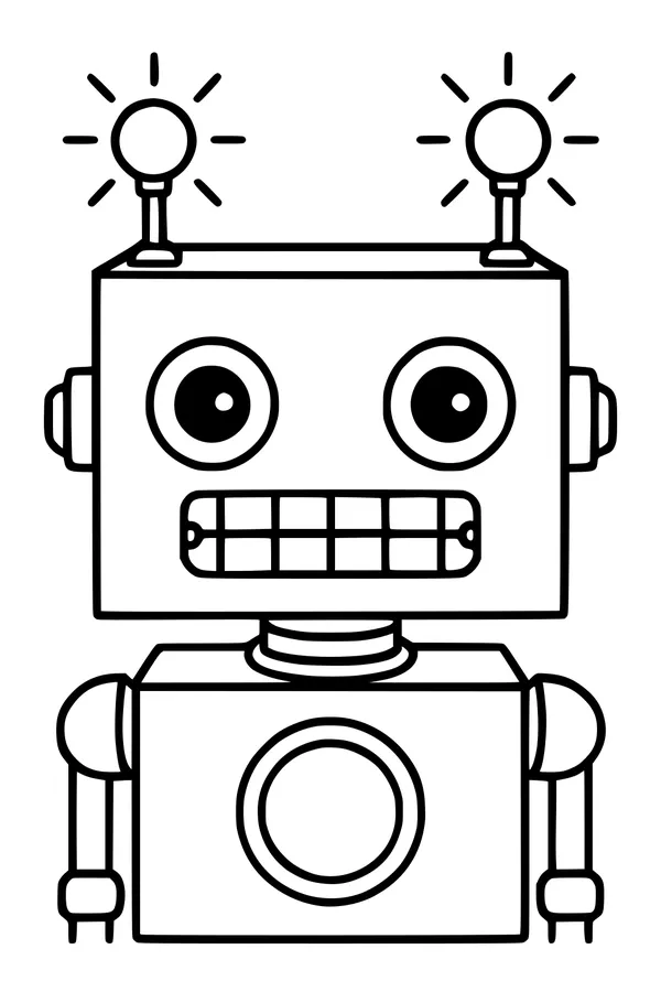 Free Robot Coloring Page - Friendly Blinky Bot With Beaming Antennas (Printable PDF)