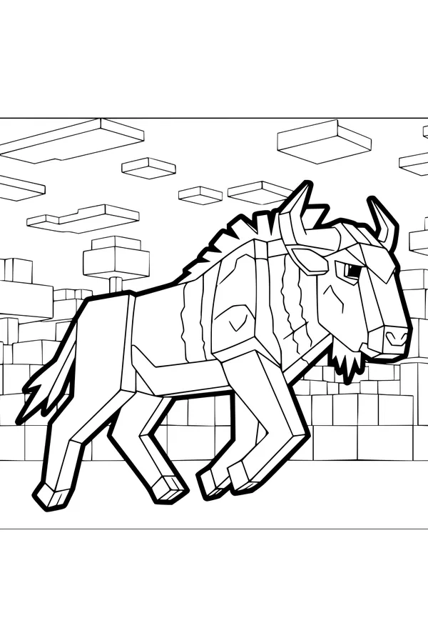 Free Wildebeest Coloring Page - Blocky Savanna Cube Landscape (Printable PDF)