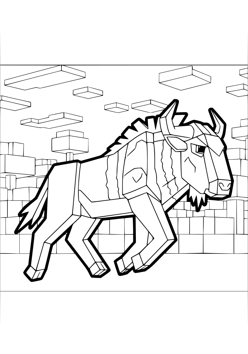 Geometric wildebeest with horns and shaggy mane walking across cube blocks with floating rectangular clouds, bold black outlines.