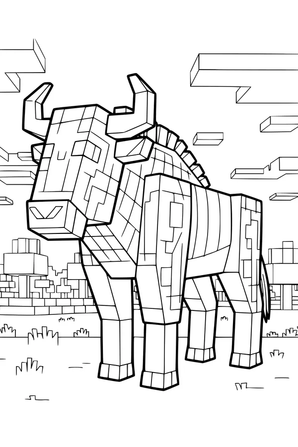 Free Wildebeest Coloring Page - Blocky Savanna Scene (Printable PDF)